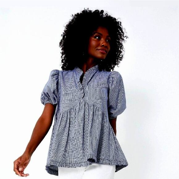 Harshman Houndstooth Aiya Blouse Navy Puffed Sleeve size S - Picture 2 of 6